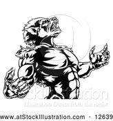 Vector Illustration of a Fierce Werewolf Mascot Howling Aggressively - Black and White by AtStockIllustration