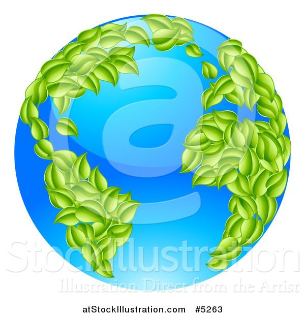 Vector Illustration of a 3d Blue Earth Globe with Leaf Continents, Featuring the Atlantic