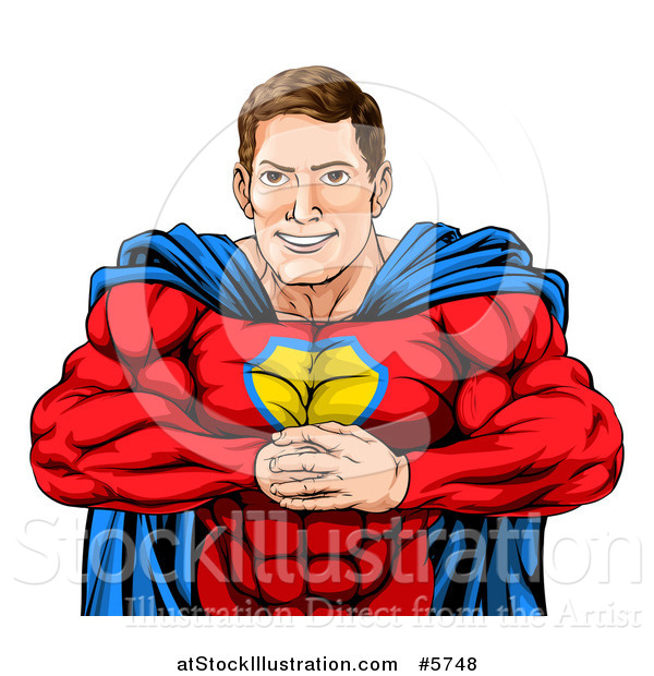 Vector Illustration of a Cacuasian Muscular Super Hero Man Gesturing Bring It with His Fists