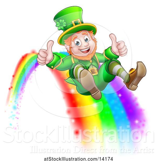 Vector Illustration of St Patricks Day Leprechaun Giving Two Thumbs up and Sliding down a Rainbow