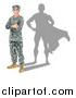 Vector Illustration of a Caucasian Male Soldier with Folded Arms and a Super Hero Shadow by AtStockIllustration