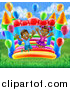 Vector Illustration of a Happy Black Boy and Girl Jumping on a Bouncy House Castle at a Party on a Sunny Day by AtStockIllustration