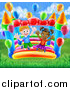 Vector Illustration of a Happy White Boy and Black Girl Jumping on a Bouncy House Castle with Party Balloons in a Park by AtStockIllustration