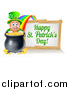 Vector Illustration of a Leprechaun with a Pot of Gold at the End of a Rainbow, with a Happy St Patricks Day Sign by AtStockIllustration