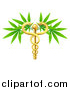 Vector Illustration of a Medical Marijuana Design with a Cannabis Plant Growing on a Gold Snake Caduceus by AtStockIllustration