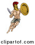 Vector Illustration of a Muscular Spartan Man in a Helmet Fighting and Jumping with a Sword and Shield by AtStockIllustration