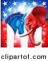 Vector Illustration of a Political Democratic Donkey and Republican Elephant Elephant Butting Heads over an American Flag by AtStockIllustration