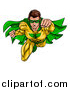 Vector Illustration of a Pop Art Comic Caucaslan Male Super Hero Flying Forward by AtStockIllustration