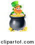 Vector Illustration of a St Patricks Day Leprechaun Looking over a Pot of Gold Coins by AtStockIllustration