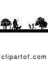Vector Illustration of Black and White Silhouetted Park with a Dog and People, Grassy Field, and Trees by AtStockIllustration