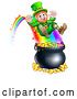 Vector Illustration of St Patricks Day Leprechaun Riding a Rainbow to the Top of a Pot of Gold by AtStockIllustration